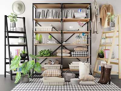Industrial Style Bookshelf Featuring Wooden Shelves Stacked Books Green Plants Storage Baskets And Floor Pillows 3d model