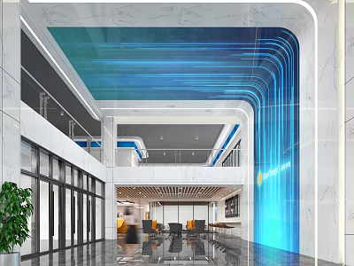 Modern Reception Desk Area with Marble Walls Glass Doors Blue Lighting and Open Office Interior 3d model