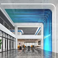 Modern Reception Desk Area with Marble Walls Glass Doors Blue Lighting and Open Office Interior