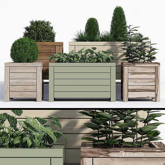 Various Colored Wooden Planters with Green Plants for Outdoor Garden Decoration 3d model 