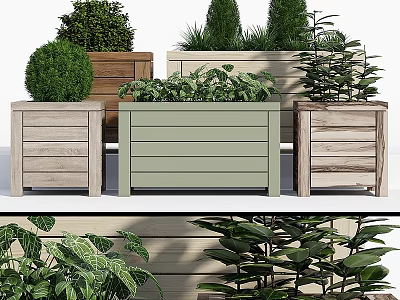 Various Colored Wooden Planters with Green Plants for Outdoor Garden Decoration 3d model