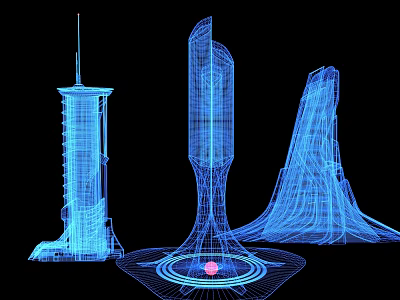 Three Detailed Commercial Equipment 3D Models With Blue Architectural Wireframe Design 3d model