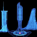Three Detailed Commercial Equipment 3D Models With Blue Architectural Wireframe Design