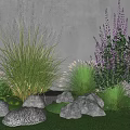 Tall Purple Flowers and Green Grasses in Lawn with Stones and Gray Wall