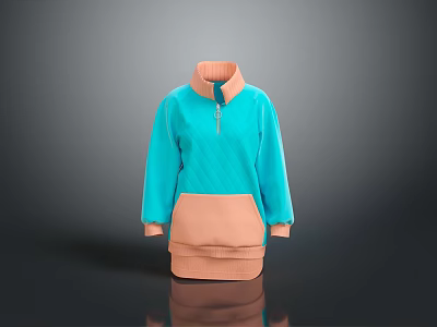 Turquoise and Light Brown High Neck Zipper Loose Fit Soft Sweater Top 3d model