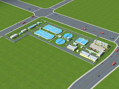 Industrial Plant Layout With Surrounding Roads Vehicles Green Grassland And Blue Water Tanks 3d model