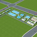 Industrial Plant Layout With Surrounding Roads Vehicles Green Grassland And Blue Water Tanks