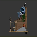 Cartoon Scene of Japanese Restaurant with Red Roof Blue Fish Decoration Signboard Tables Stools Lantern