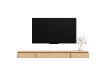 Light Wooden TV Stand With Drawers And Vase Below Wall Mounted Black TV 3d model