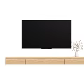 Light Wooden TV Stand With Drawers And Vase Below Wall Mounted Black TV