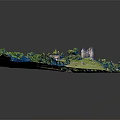 Beautiful Cartoon Scene with Green Grass Path Trees Small Houses and Castle