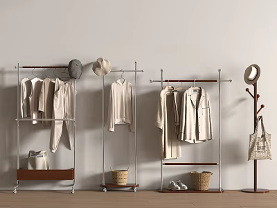Modern Metal Clothes Racks with Hanging Light Colored Clothes Shoes Baskets and Hats 3d model