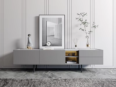 Modern Gray TV Stand With Decorative Painting Table Lamp Vases And Plant On Paneled Wall 3d model