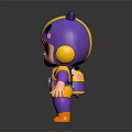 Cartoon 3D Character With Purple Yellow Outfit Horned Creature Helmet Pink Accents And Orange Boots