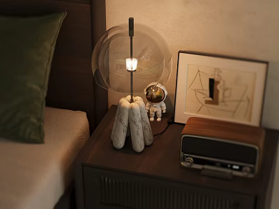 Glass Globe Table Lamp on Wooden Nightstand with Astronaut Figurine Vintage Radio and Green Pillow 3d model