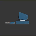 Vintage Computer With Blue Monitor Green Code Display And Red Key Keyboard