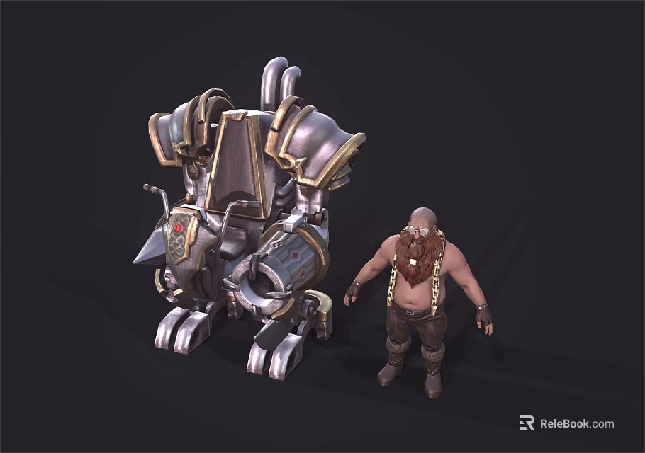 Game Fantasy Characters With Muscular Bearded Warrior And Detailed Metallic Mechanical Construct 3d model 