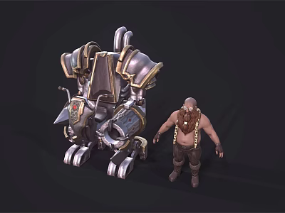 Game Fantasy Characters With Muscular Bearded Warrior And Detailed Metallic Mechanical Construct 3d model