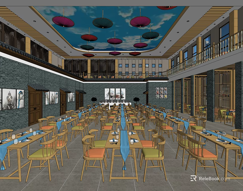 Spacious Traditional Chinese Restaurant Interior With Colorful Ceiling Lanterns Wooden Tables And Chairs 3d model 