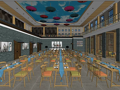 Spacious Traditional Chinese Restaurant Interior With Colorful Ceiling Lanterns Wooden Tables And Chairs 3d model
