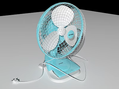 Blue Tabletop Electric Fan With White Blades Metal Grill Stable Base And Power Cord 3d model