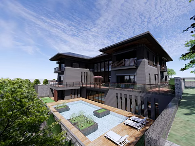 Modern Two Story Sales Office Building With Pool Lounge Chairs And Greenery 3d model