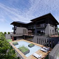 Modern Two Story Sales Office Building With Pool Lounge Chairs And Greenery