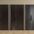 Three Dark Security Doors With Electronic Locks And Wooden Floor Background 3d model