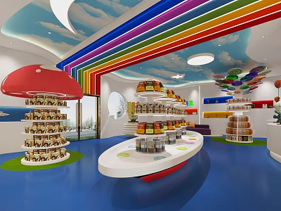 Colorful Themed Kids Specialty Store with Rainbow Ceiling Mushroom Shelves and Children's Products 3d model