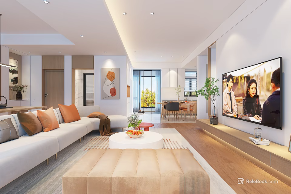Modern Living and Dining Room Interior With White Sofa TV Table and Decorative Plants 3d model 