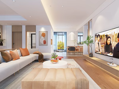 Modern Living and Dining Room Interior With White Sofa TV Table and Decorative Plants 3d model