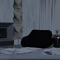 Modern Textured Fabric Lounge Chair With Fireplace Designer Floor Lamp And Beige Curtains
