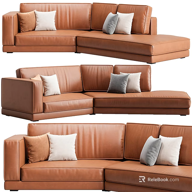 Modern Brown Leather Sectional Sofa With Neutral Tone Pillows And Comfortable Design 3d model