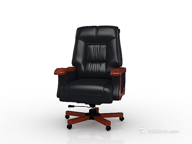 High Back Black Leather Office Chair With Wooden Armrests And Swivel Base 3d model 