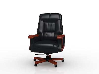 High Back Black Leather Office Chair With Wooden Armrests And Swivel Base 3d model