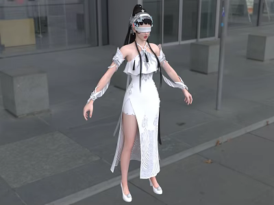 Woman With Black Hair And White Blindfold In Sleeveless White Dress Standing Outdoor 3d model