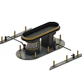 Modern Public Facility With Curved Roof Golden Pillars And Circular Windows