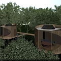 Circular Treehouses in Lush Forest with Solar Panels and Connecting Walkway