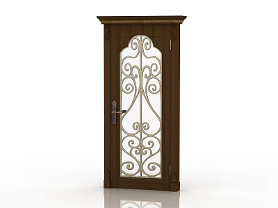 Elegant Brown Wooden Door with Intricate Wrought Iron Scroll Design and Handle 3d model