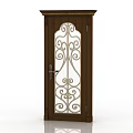 Elegant Brown Wooden Door with Intricate Wrought Iron Scroll Design and Handle