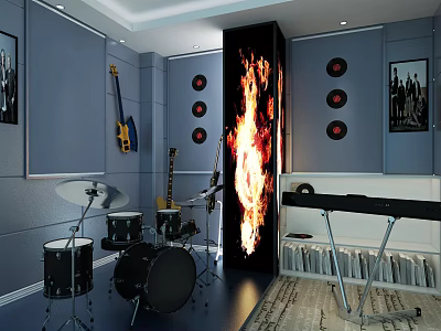 Entertainment Room with Gray Walls Hanging Guitar Drum Set Flame Effect Column and Record Decorations 3d model