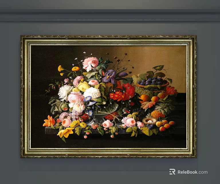 Botanical Still Life Painting With Golden Frame Various Flowers And Fruits On Dark Background 3d model 