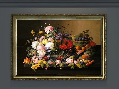 Botanical Still Life Painting With Golden Frame Various Flowers And Fruits On Dark Background 3d model