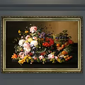 Botanical Still Life Painting With Golden Frame Various Flowers And Fruits On Dark Background