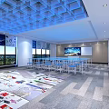 Modern Public Lounge Interior With White Tables Blue Stools Large Windows And Geometric Carpet