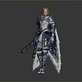 Blonde Haired Fantasy Warrior In Blue And White Armor With Long Sword
