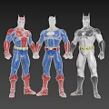 Three Superhero Action Figures Standing In Red Blue Black White Costumes With Yellow Belts