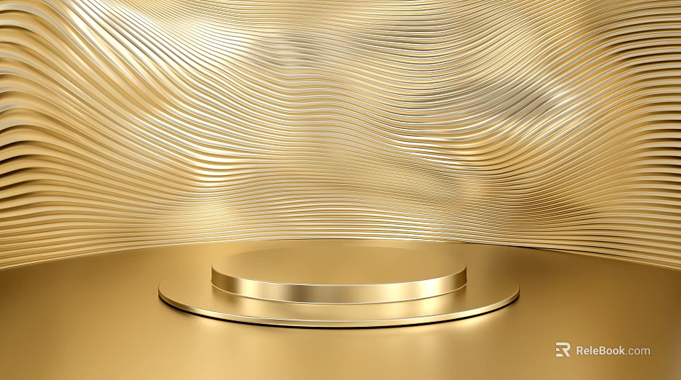 Golden Wavy Texture Background With Circular Display Shelf And Concentric Platforms 3d model 