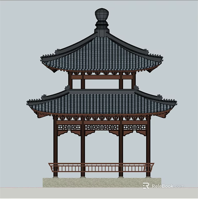 Traditional Chinese Two Story Pavilion With Black Tiled Roof And Wooden Carved Railings 3d model 