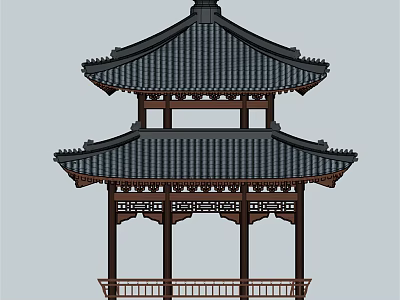 Traditional Chinese Two Story Pavilion With Black Tiled Roof And Wooden Carved Railings 3d model